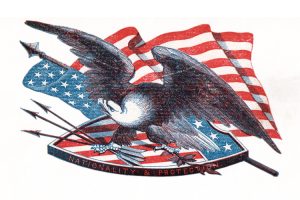 American Eagle on Shield of the Union with U.S. flag in backgrouns, clutching arrows. Circa Civil War Postage Envelopes 1860s